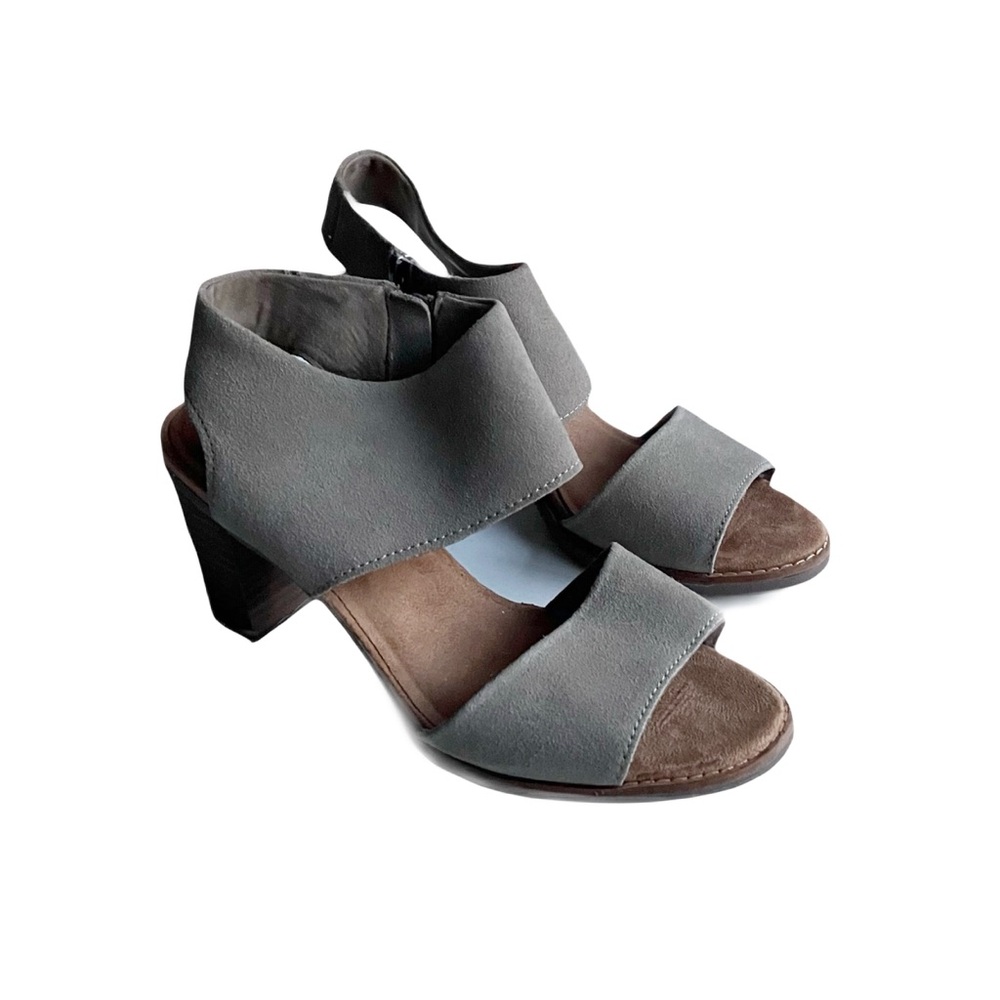 Toms Majorca Desert Taupe Chunky Block Heeled Sandals Size 8 Suede Cutout Spring